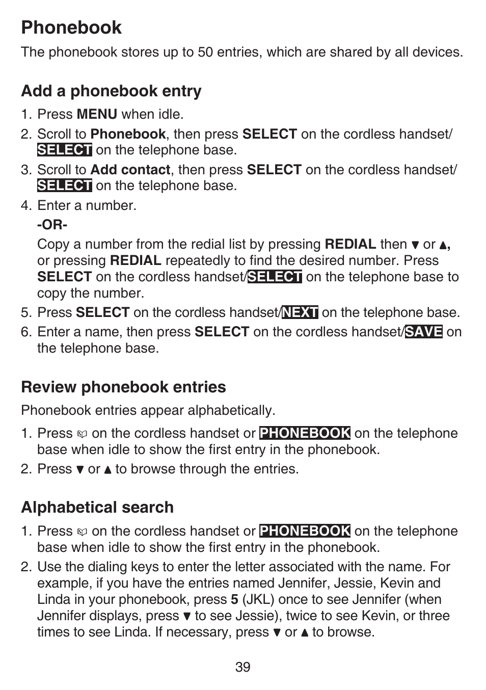 Phonebook, Add a phonebook entry, Review phonebook entries | Alphabetical search | VTech SN6197_-2 Abridged manual User Manual | Page 45 / 93