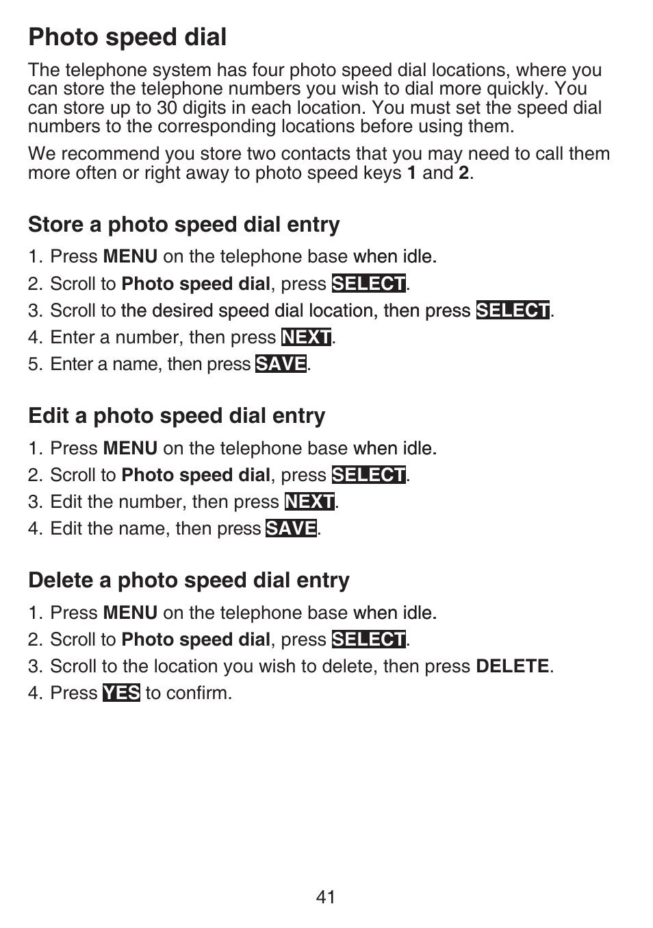 Photo speed dial, Store a photo speed dial entry, Edit a photo speed dial entry | Delete a photo speed dial entry | VTech SN6197_-2 Abridged manual User Manual | Page 47 / 93