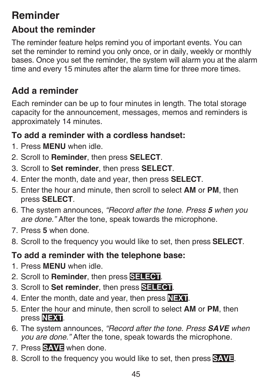 Reminder, About the reminder, Add a reminder | About the reminder add a reminder | VTech SN6197_-2 Abridged manual User Manual | Page 51 / 93