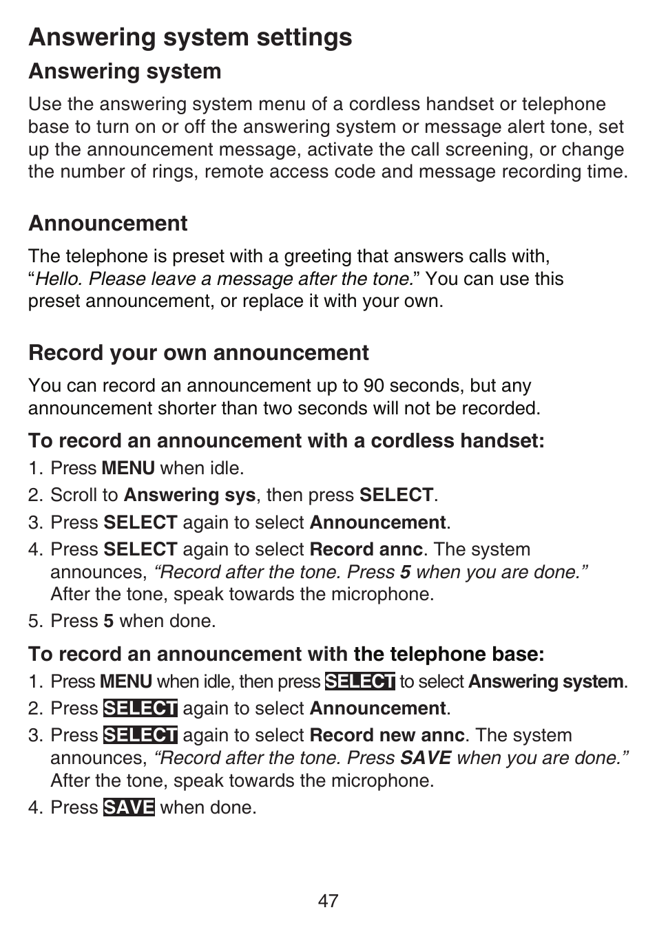 Answering system settings, Answering system, Announcement | Record your own announcement, Settings, Answering system announcement record your own | VTech SN6197_-2 Abridged manual User Manual | Page 53 / 93