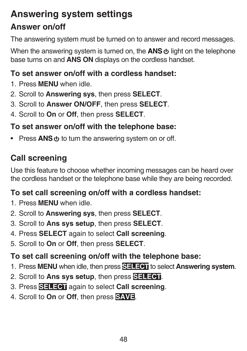 Answer on/off, Call screening, Answer on/off call screening | Answering system settings | VTech SN6197_-2 Abridged manual User Manual | Page 54 / 93