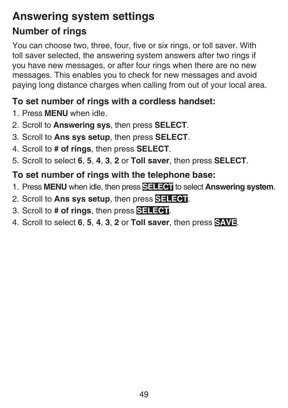 Number of rings, Answering system settings | VTech SN6197_-2 Abridged manual User Manual | Page 55 / 93