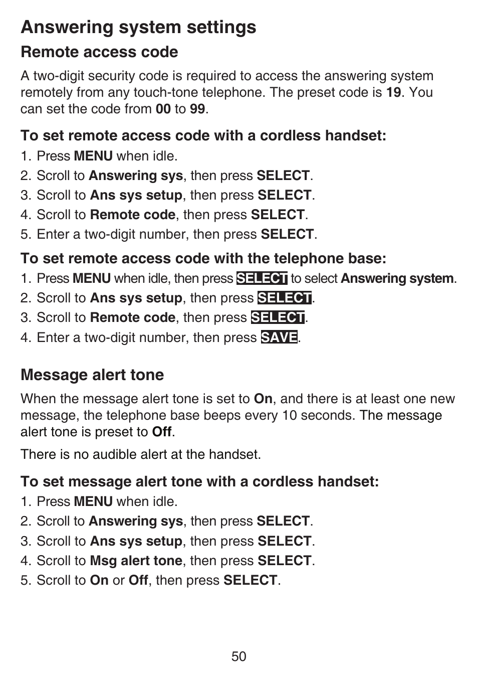 Remote access code, Message alert tone, Remote access code message alert tone | Answering system settings | VTech SN6197_-2 Abridged manual User Manual | Page 56 / 93