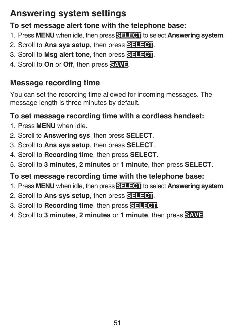 Message recording time, Answering system settings | VTech SN6197_-2 Abridged manual User Manual | Page 57 / 93