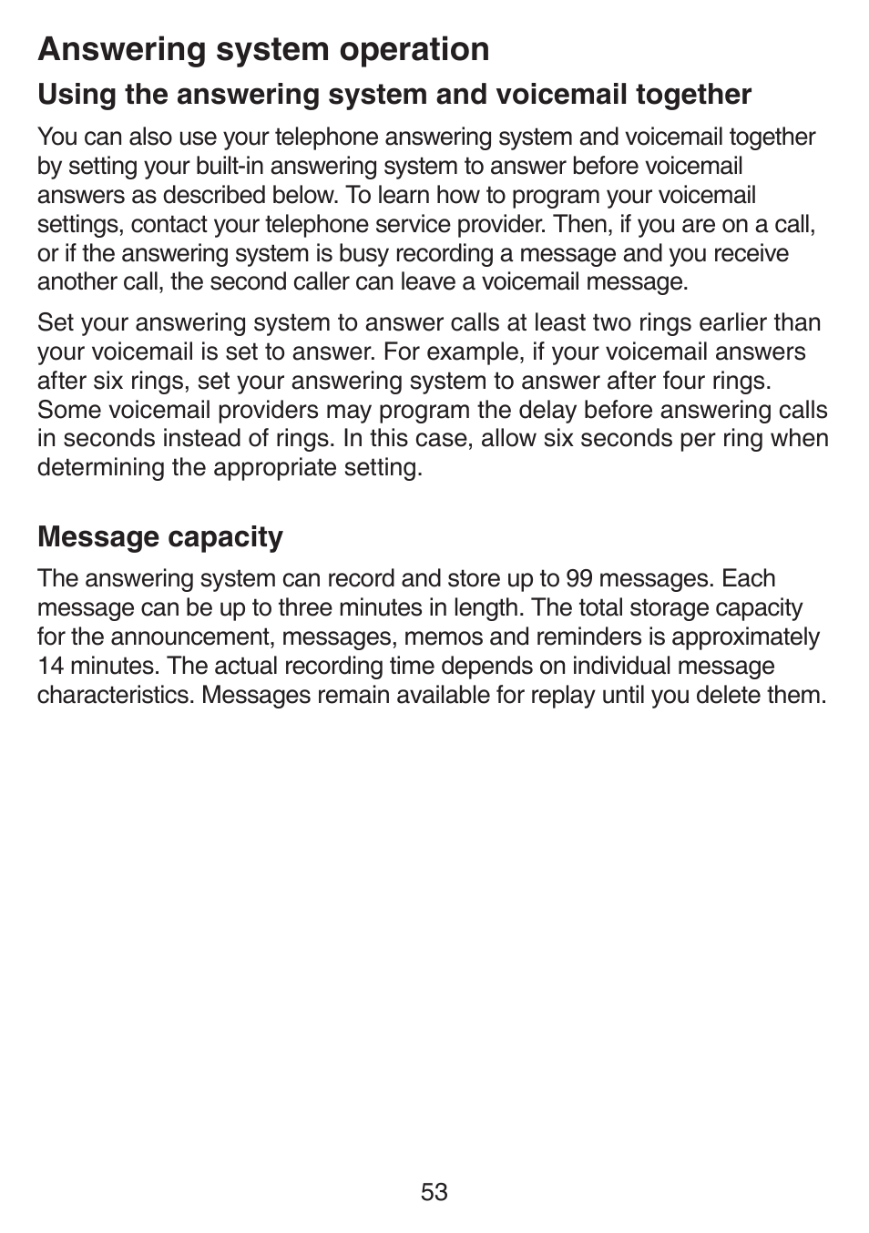 Using the answering system and voicemail together, Message capacity, Using the answering system | And voicemail together, Answering system operation | VTech SN6197_-2 Abridged manual User Manual | Page 59 / 93