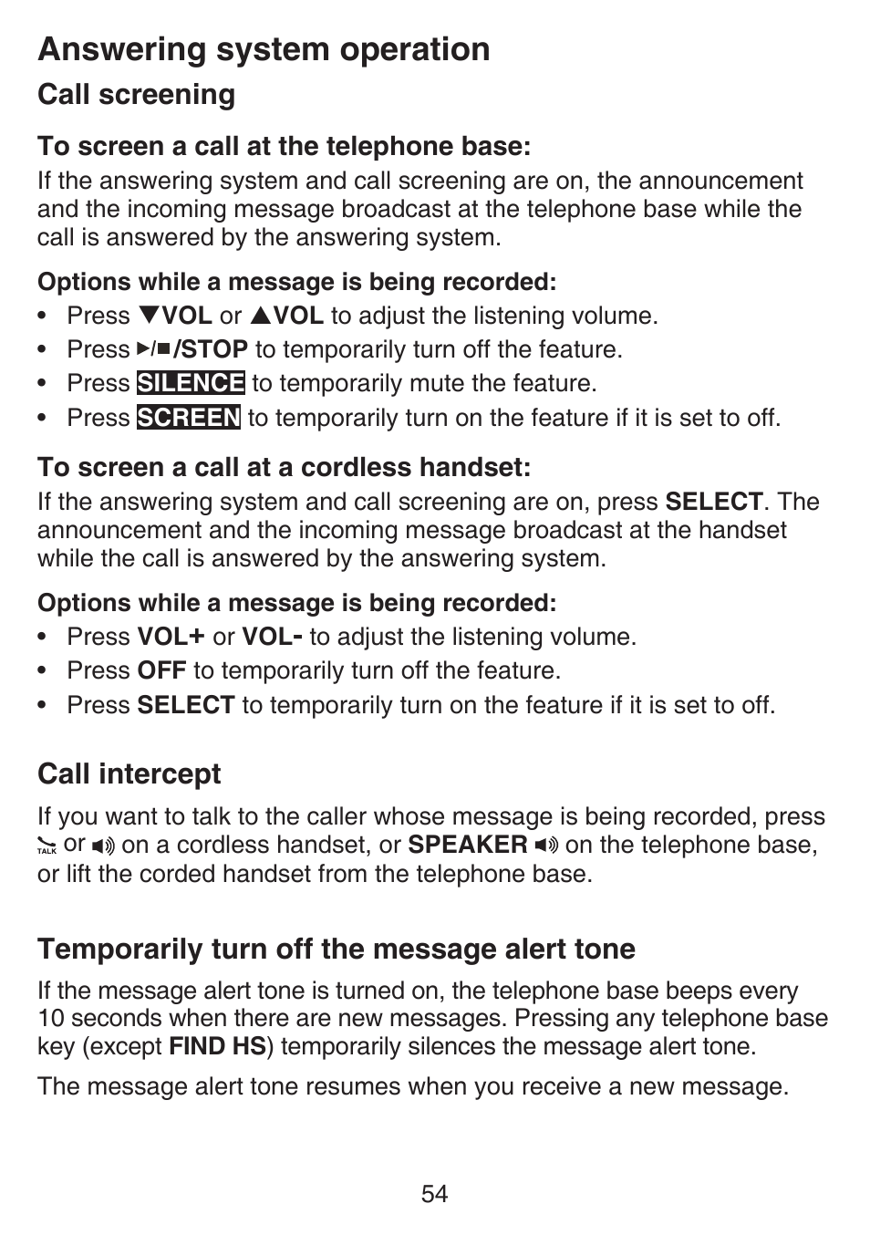 Call screening, Call intercept, Temporarily turn off the message alert tone | Message alert tone, Answering system operation | VTech SN6197_-2 Abridged manual User Manual | Page 60 / 93