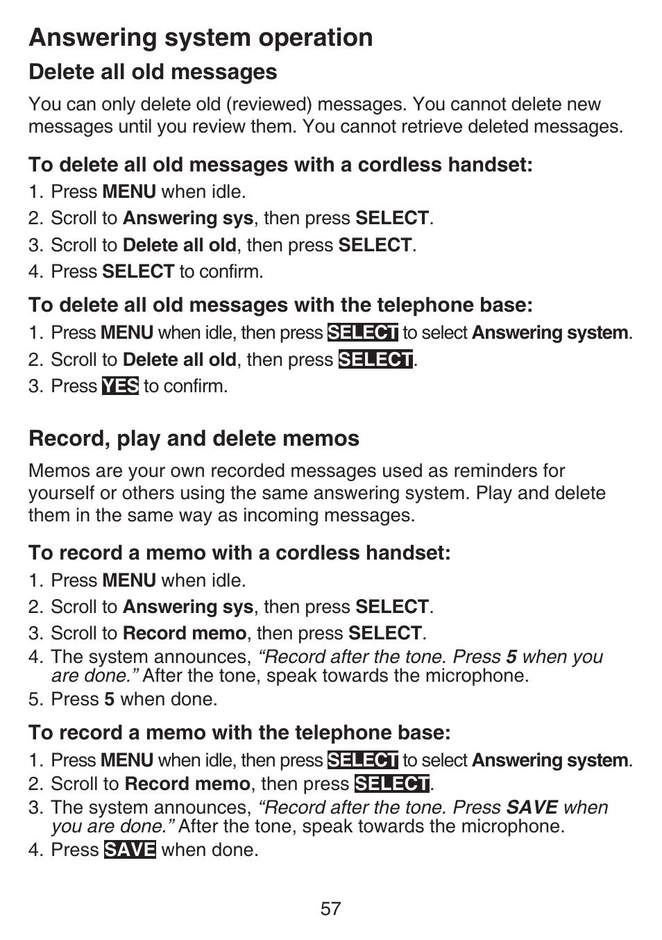 Delete all old messages, Record, play and delete memos, Delete all old messages record, play and delete | Memos, Answering system operation | VTech SN6197_-2 Abridged manual User Manual | Page 63 / 93