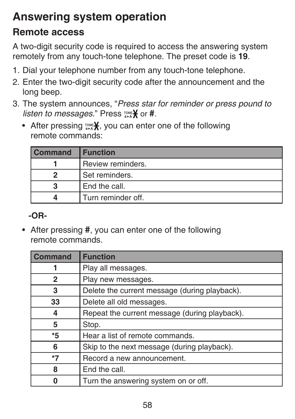 Remote access, Answering system operation | VTech SN6197_-2 Abridged manual User Manual | Page 64 / 93