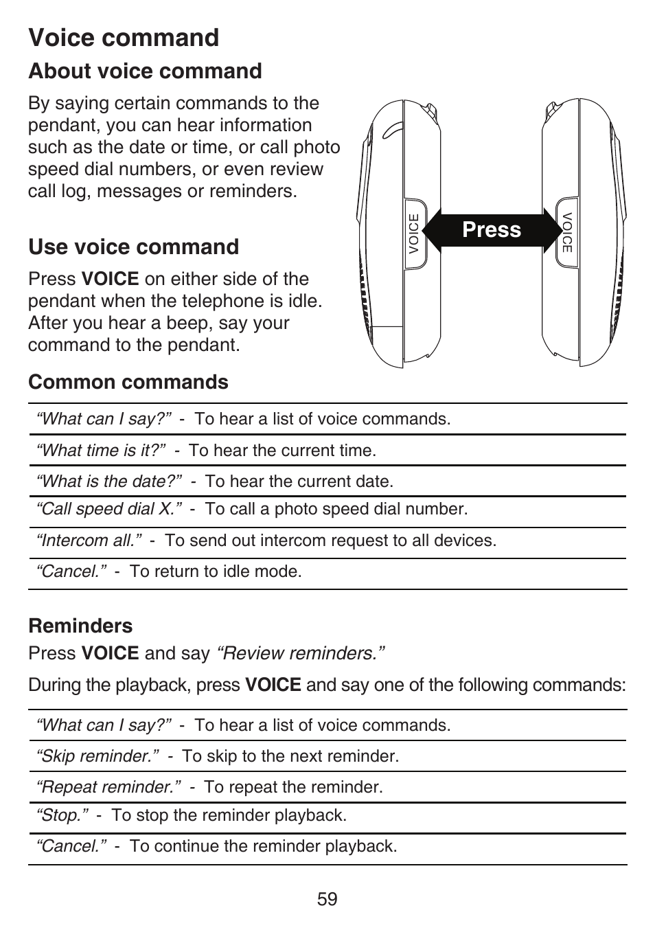 Voice command, About voice command, Use voice command | About voice command use voice command, Press, Common commands, Reminders | VTech SN6197_-2 Abridged manual User Manual | Page 65 / 93