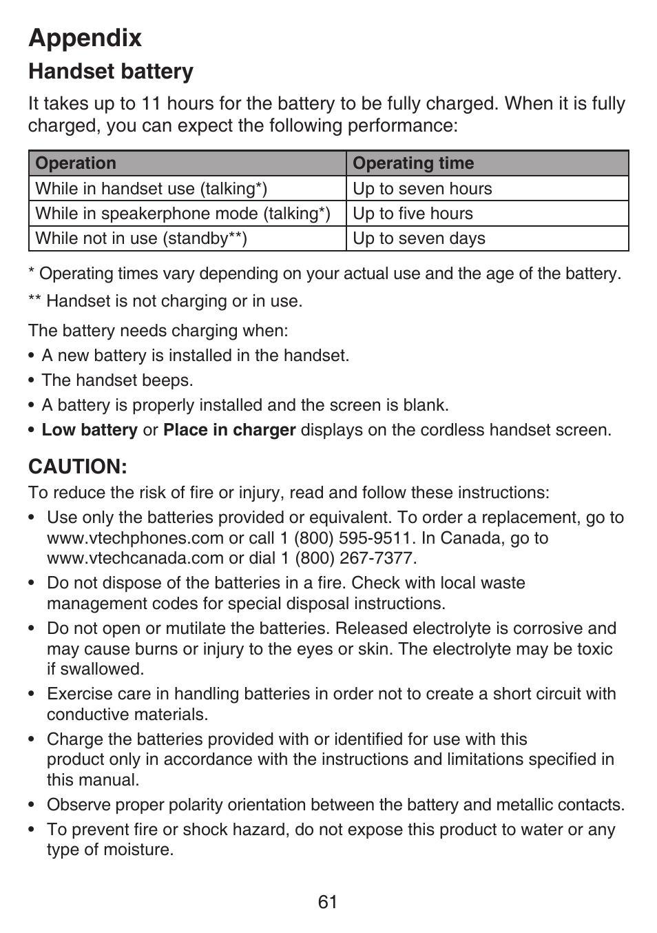 Appendix, Handset battery, Caution | VTech SN6197_-2 Abridged manual User Manual | Page 67 / 93