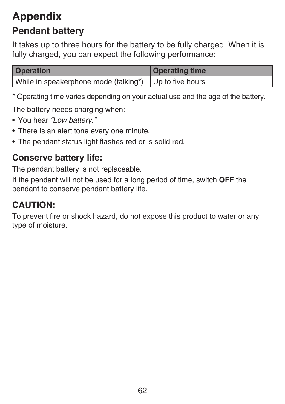 Pendant battery, Appendix | VTech SN6197_-2 Abridged manual User Manual | Page 68 / 93