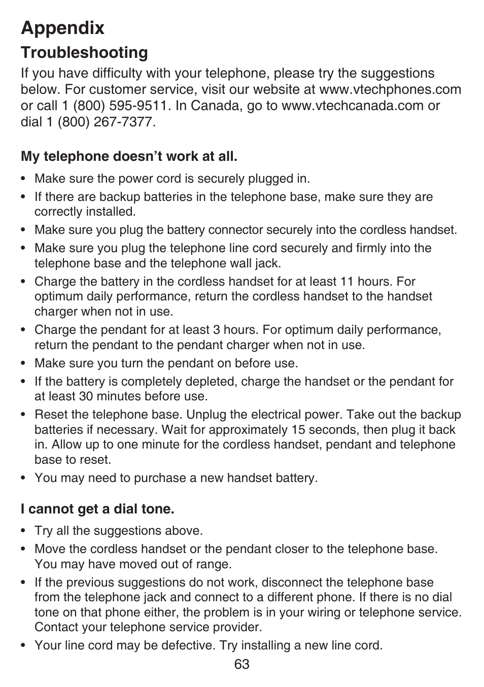 Troubleshooting, Appendix | VTech SN6197_-2 Abridged manual User Manual | Page 69 / 93