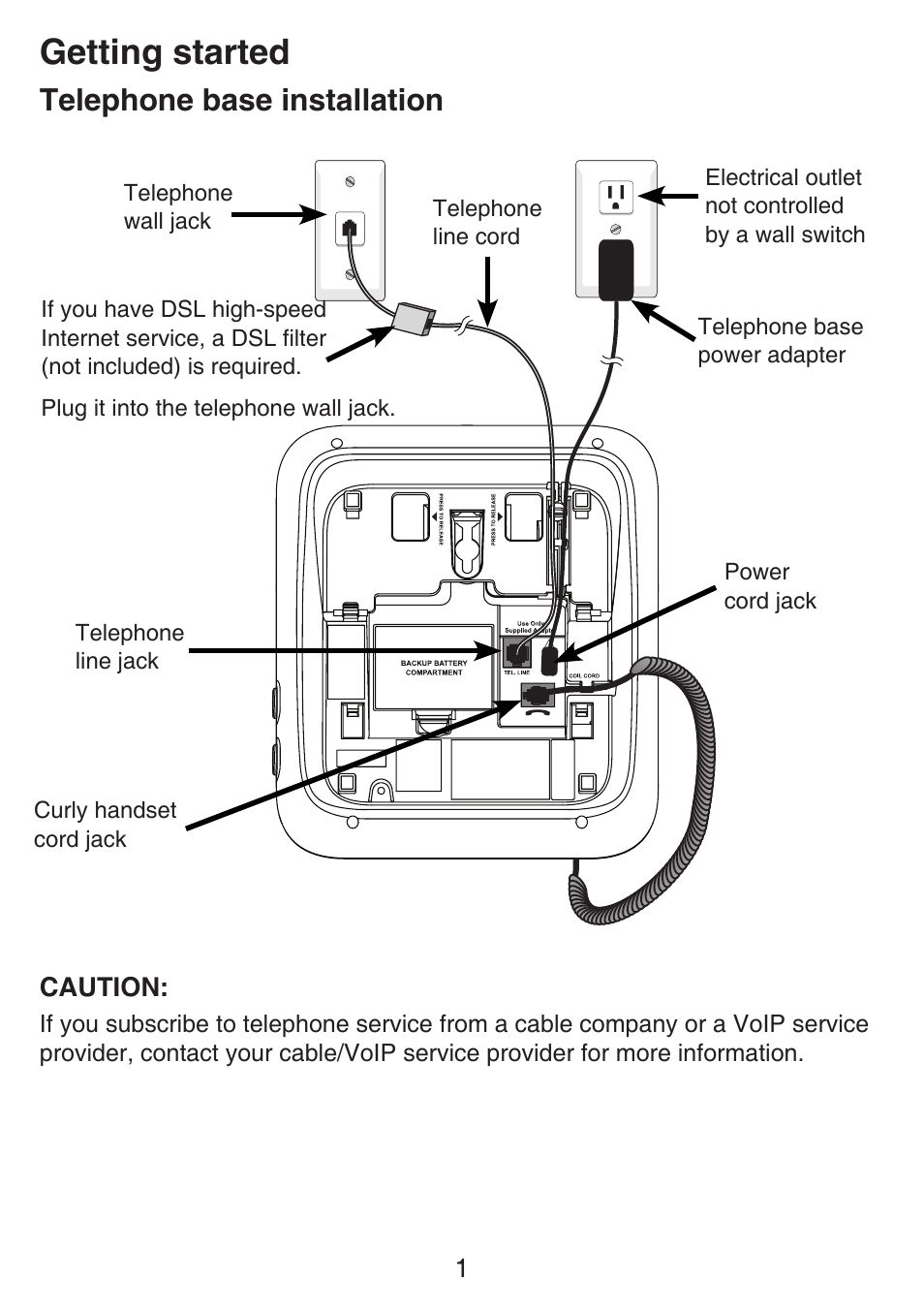 Telephone installation, Getting started, Telephone base installation | VTech SN6197_-2 Abridged manual User Manual | Page 7 / 93