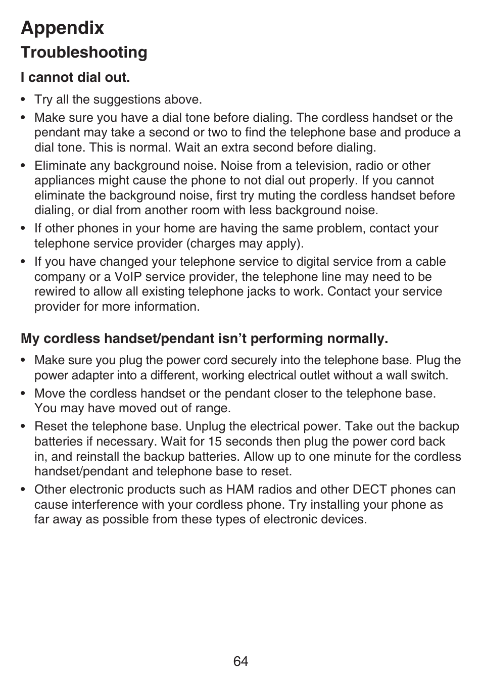 Appendix, Troubleshooting | VTech SN6197_-2 Abridged manual User Manual | Page 70 / 93