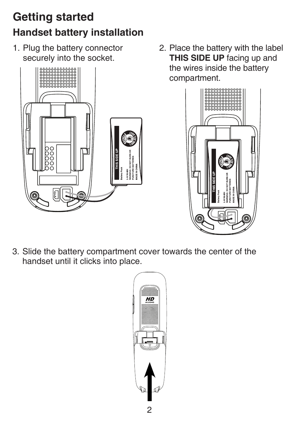 Battery installation, Handset battery installation, Getting started | VTech SN6197_-2 Abridged manual User Manual | Page 8 / 93