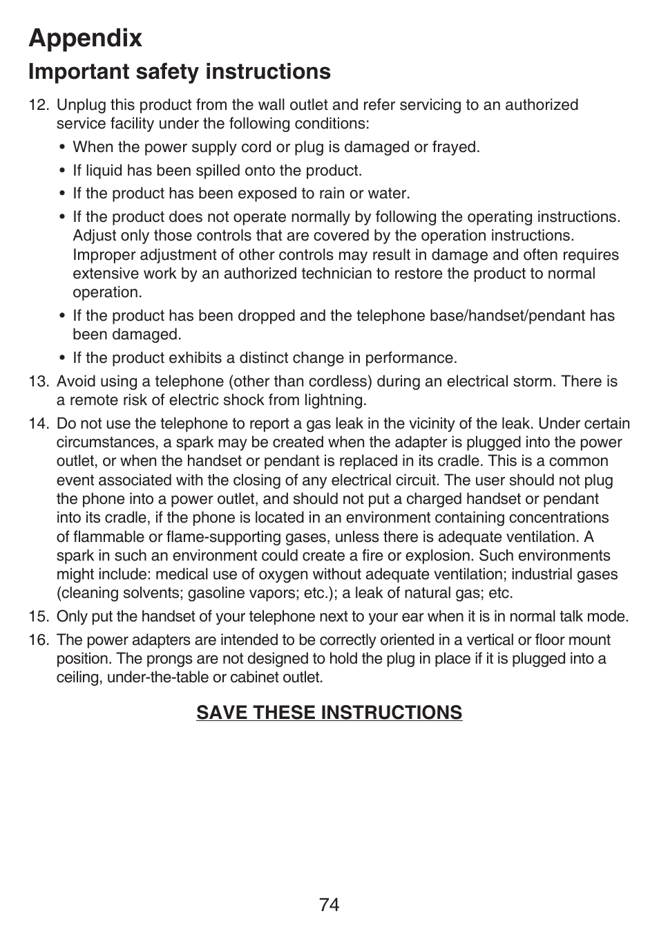 Appendix, Important safety instructions, Save these instructions | VTech SN6197_-2 Abridged manual User Manual | Page 80 / 93