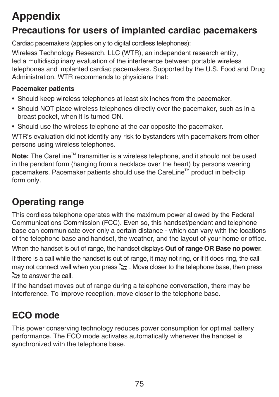 Operating range, Eco mode, Precautions for users of | Implanted cardiac, Pacemakers, Appendix | VTech SN6197_-2 Abridged manual User Manual | Page 81 / 93