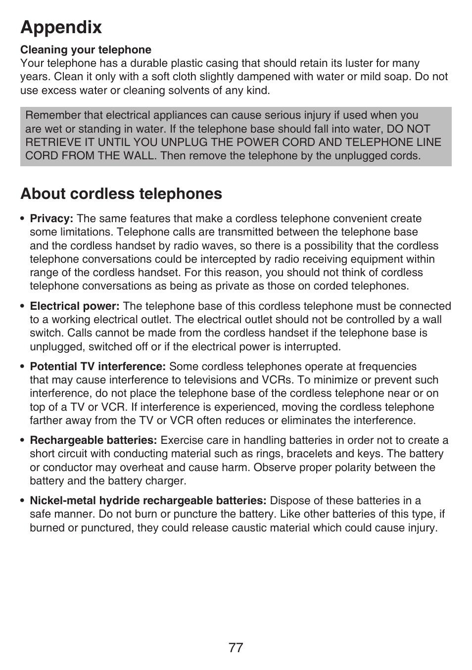 Fcc, acta and ic regulations, Fcc part 15, Fcc part 68 and acta | About cordless telephones, Appendix | VTech SN6197_-2 Abridged manual User Manual | Page 83 / 93