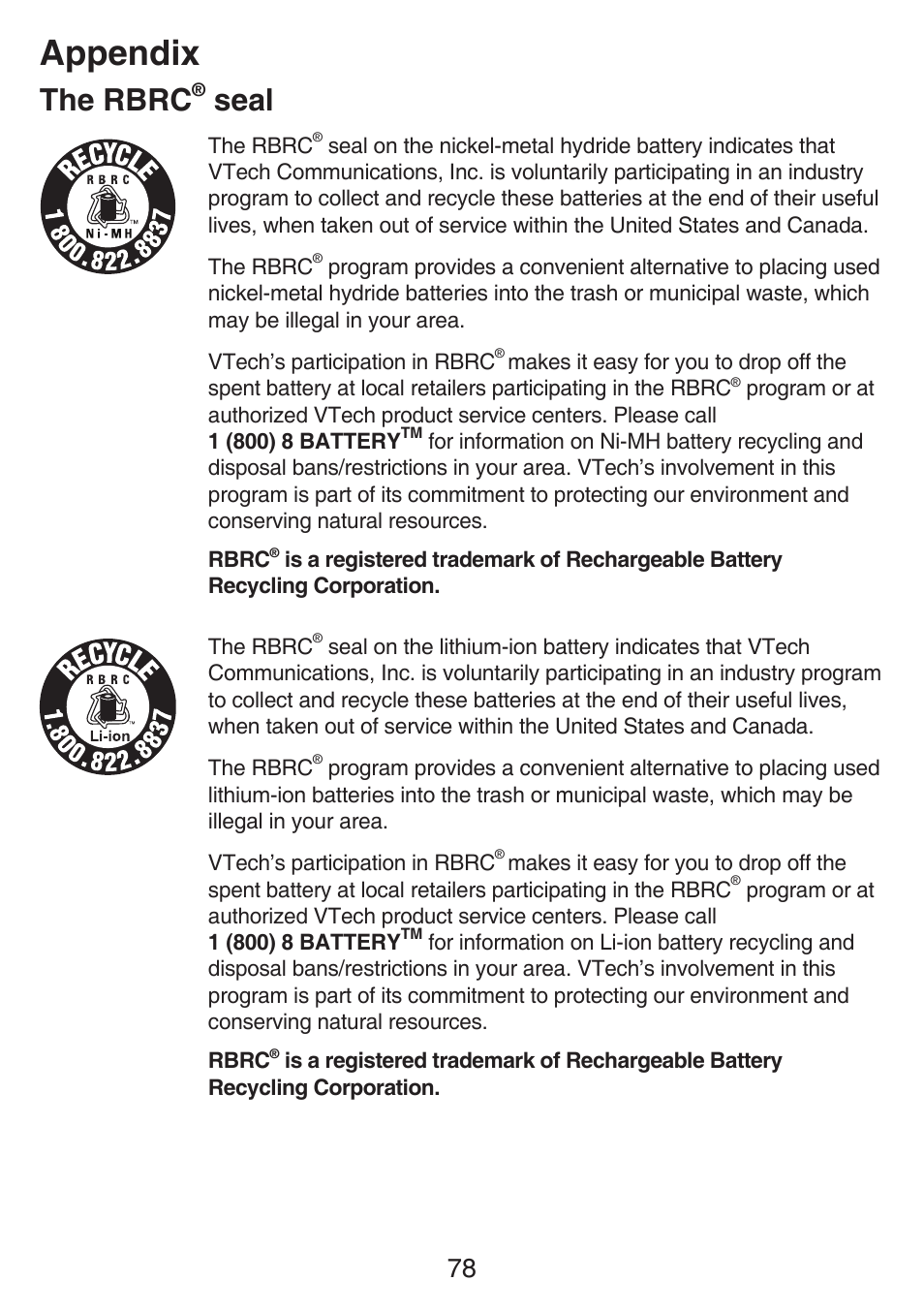 Industry canada, The rbrc® seal, The rbrc | Seal, Appendix | VTech SN6197_-2 Abridged manual User Manual | Page 84 / 93