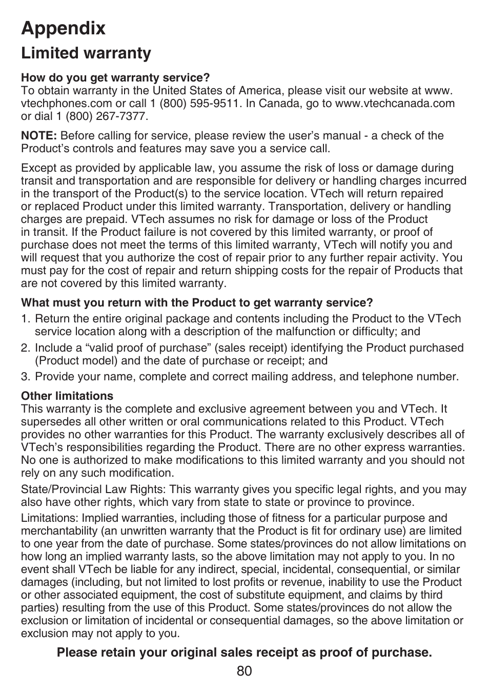 Appendix, Limited warranty | VTech SN6197_-2 Abridged manual User Manual | Page 86 / 93