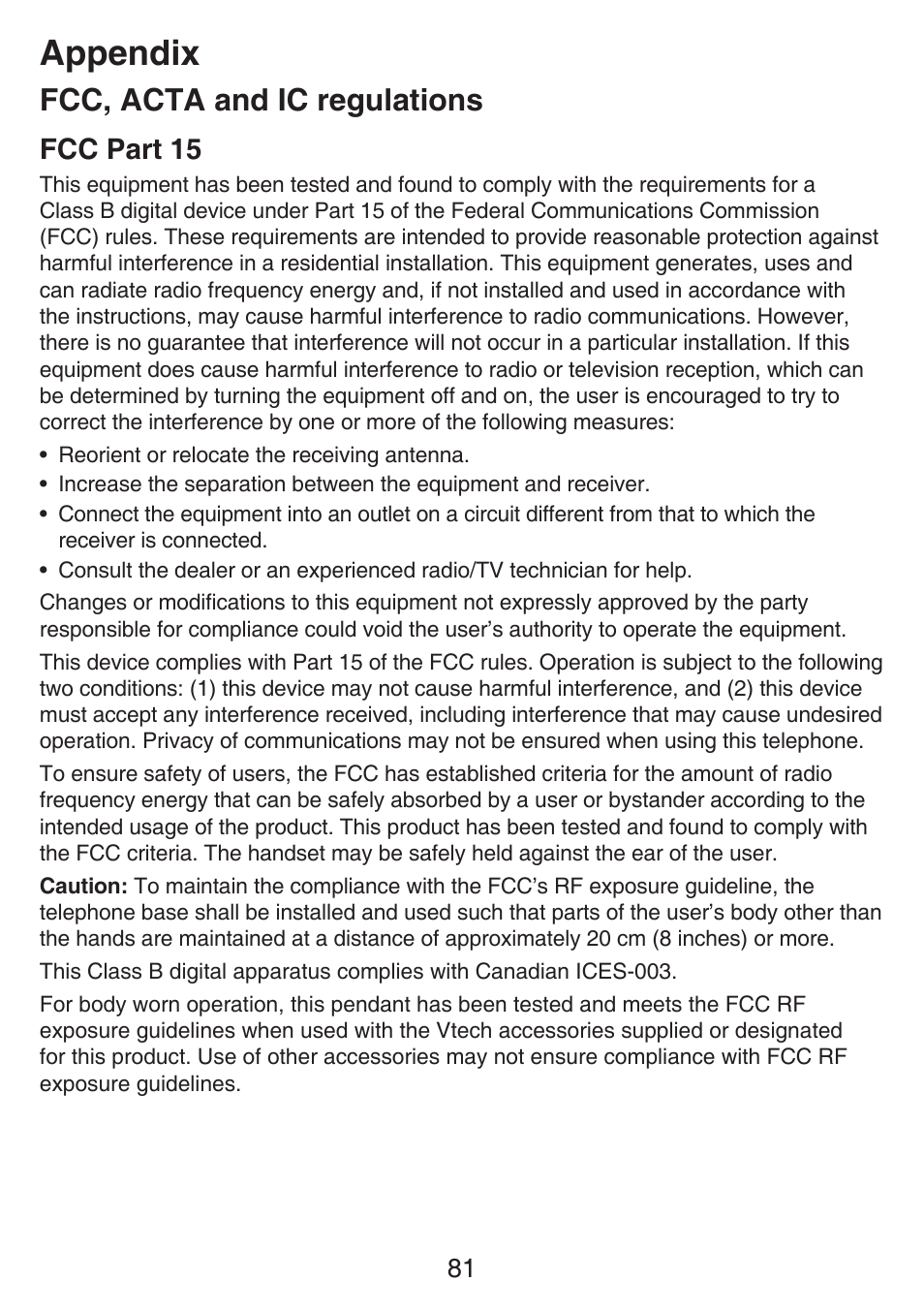 Limited warranty, Fcc, acta and ic regulations, Appendix | Fcc part 15 | VTech SN6197_-2 Abridged manual User Manual | Page 87 / 93