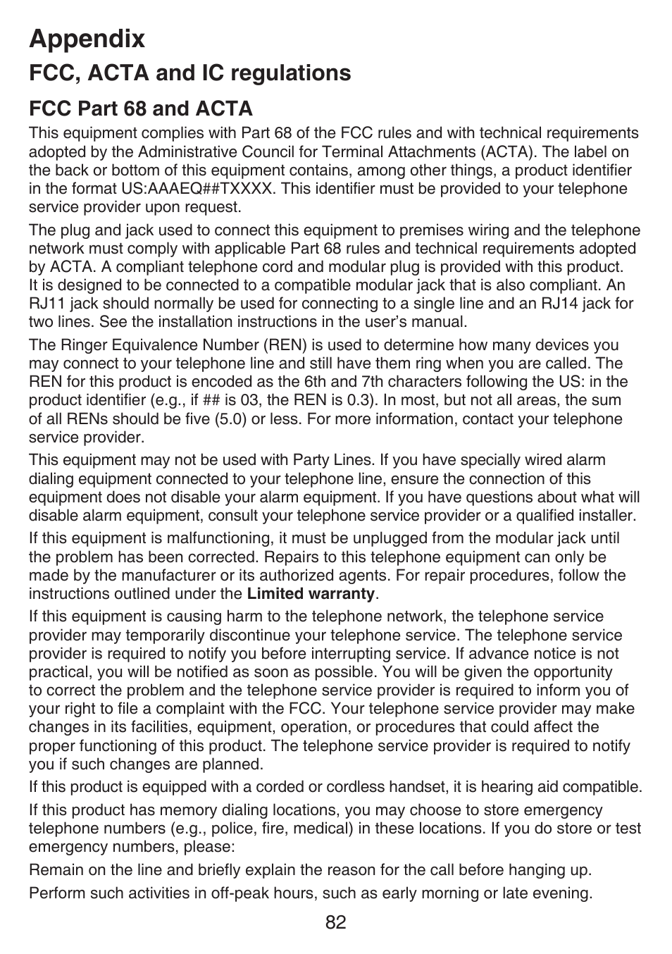 Appendix, Fcc, acta and ic regulations, Fcc part 68 and acta | VTech SN6197_-2 Abridged manual User Manual | Page 88 / 93