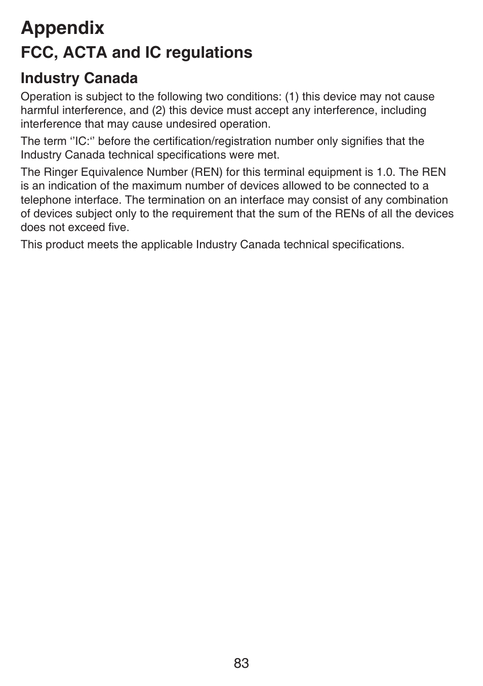 Appendix, Fcc, acta and ic regulations, Industry canada | VTech SN6197_-2 Abridged manual User Manual | Page 89 / 93