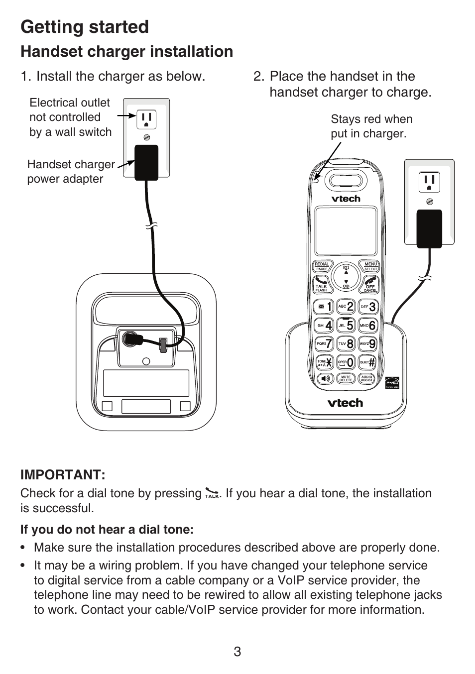 Handset charger installation, Getting started | VTech SN6197_-2 Abridged manual User Manual | Page 9 / 93