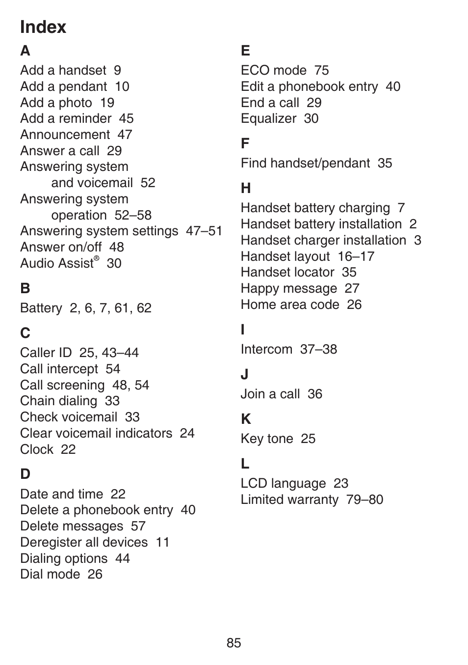 Index | VTech SN6197_-2 Abridged manual User Manual | Page 91 / 93