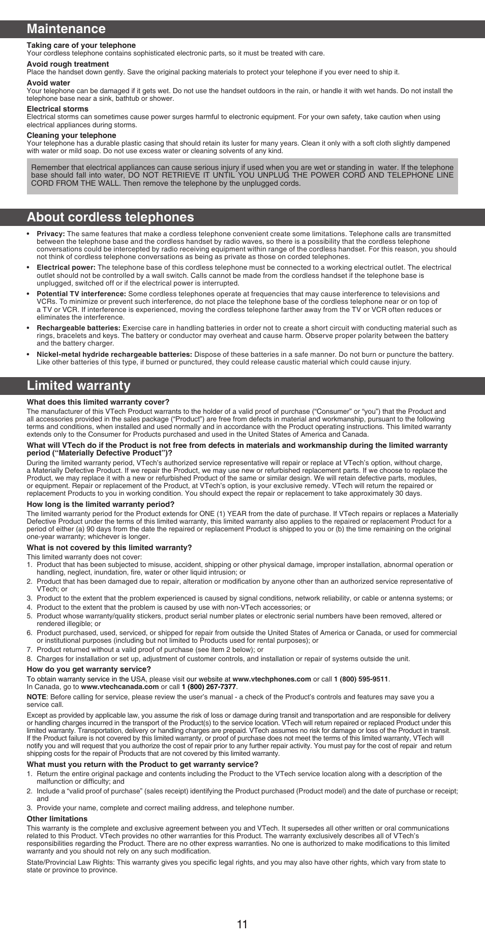 Maintenance, About cordless telephones, Limited warranty | VTech CS6829 Abridged manual User Manual | Page 11 / 12