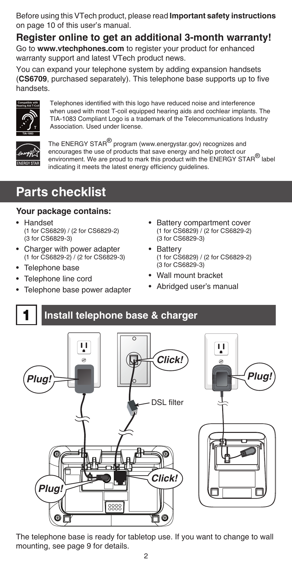 Parts checklist, Install telephone base & charger plug, Plug | Click | VTech CS6829 Abridged manual User Manual | Page 2 / 12