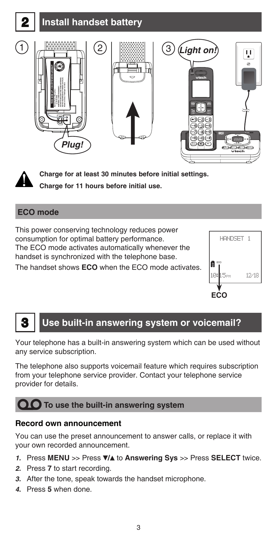 Install handset battery, Use built-in answering system or voicemail, Light on! plug | Eco mode, Record own announcement | VTech CS6829 Abridged manual User Manual | Page 3 / 12