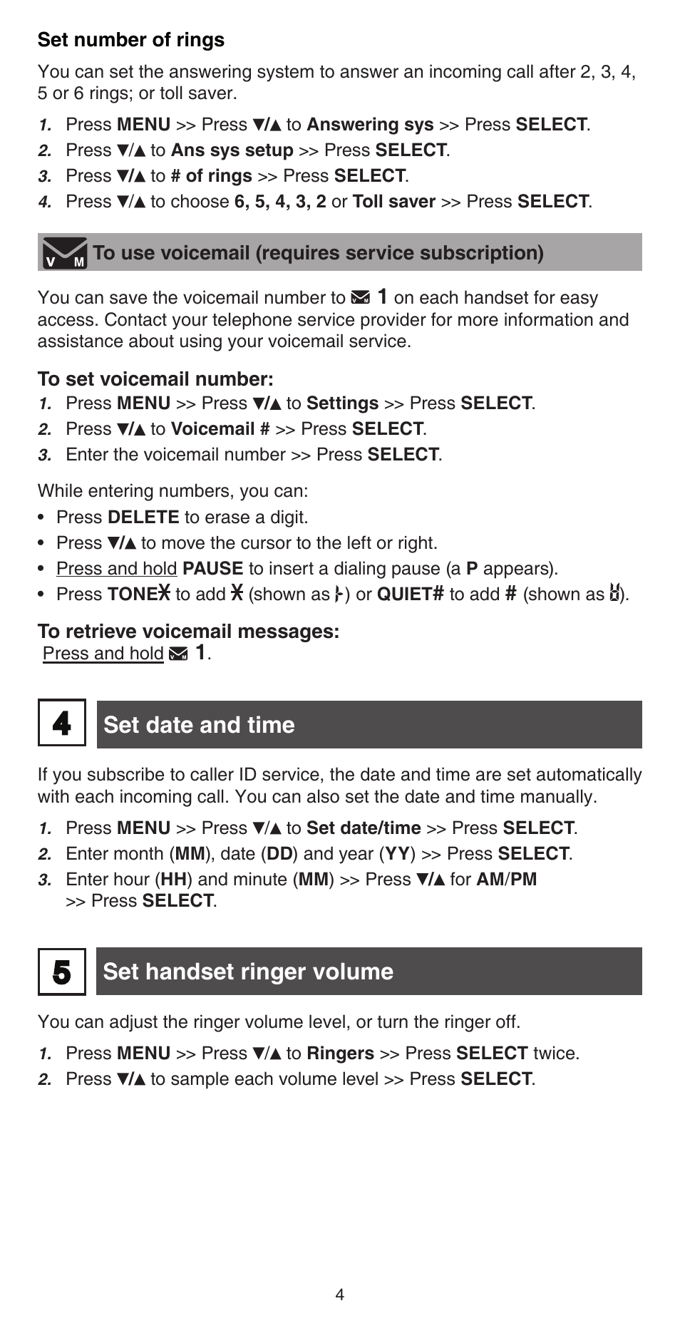 Set date and time, Set handset ringer volume | VTech CS6829 Abridged manual User Manual | Page 4 / 12