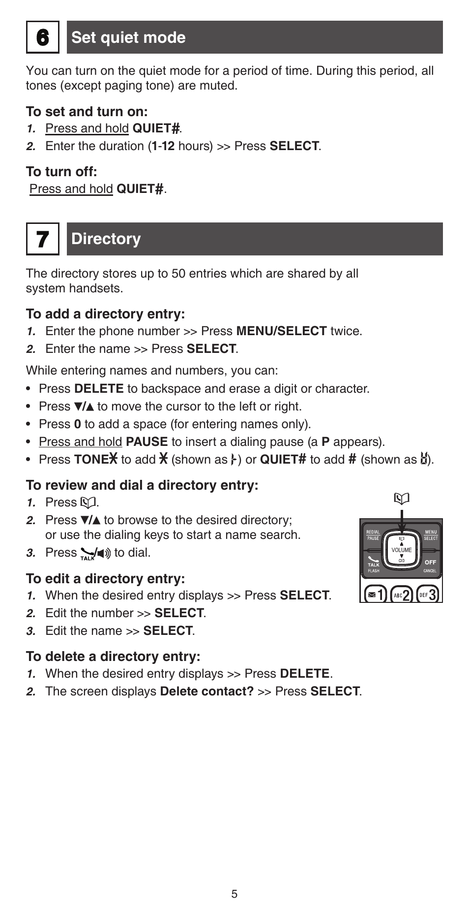 Directory, Set quiet mode | VTech CS6829 Abridged manual User Manual | Page 5 / 12