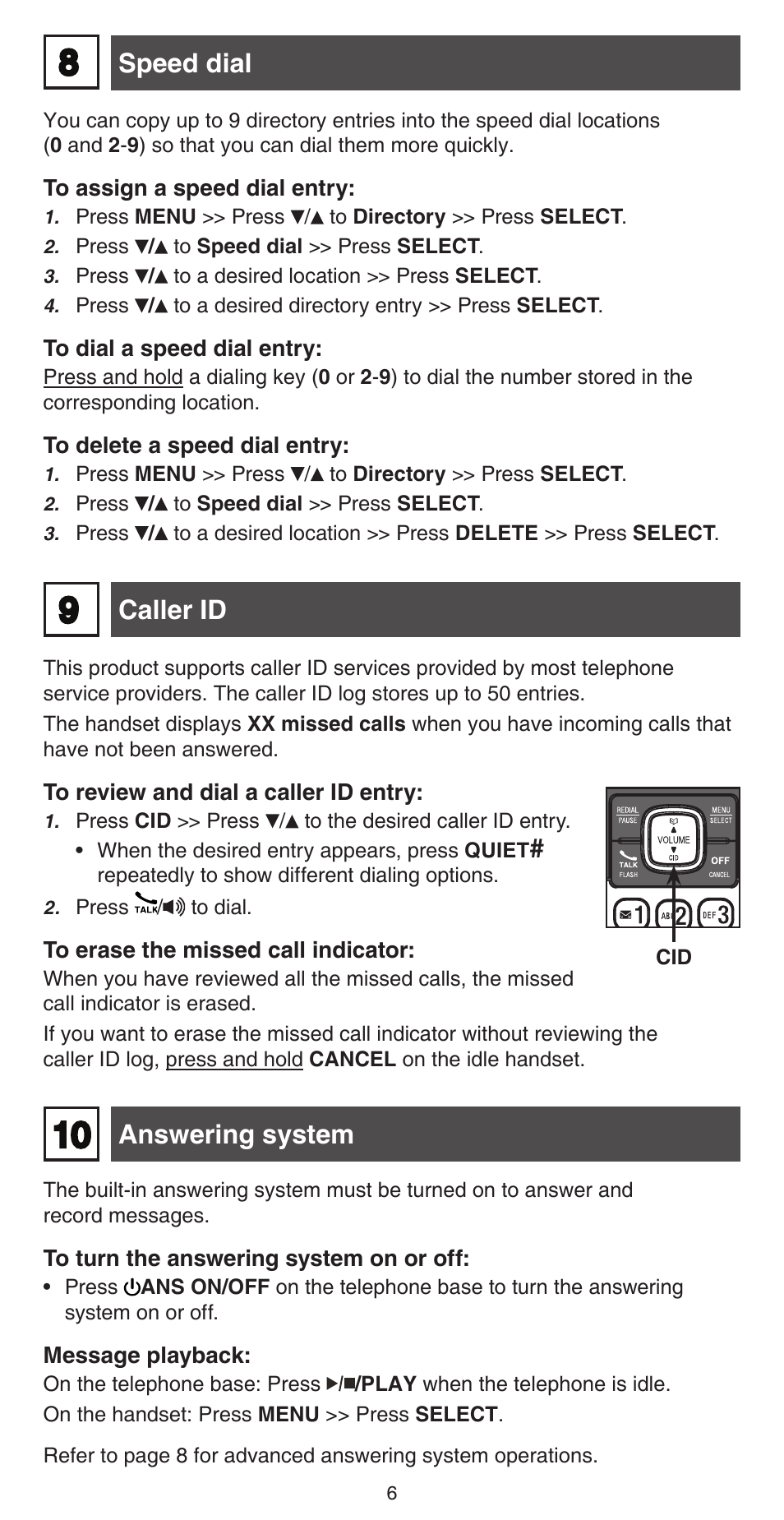 Caller id answering system, Speed dial | VTech CS6829 Abridged manual User Manual | Page 6 / 12