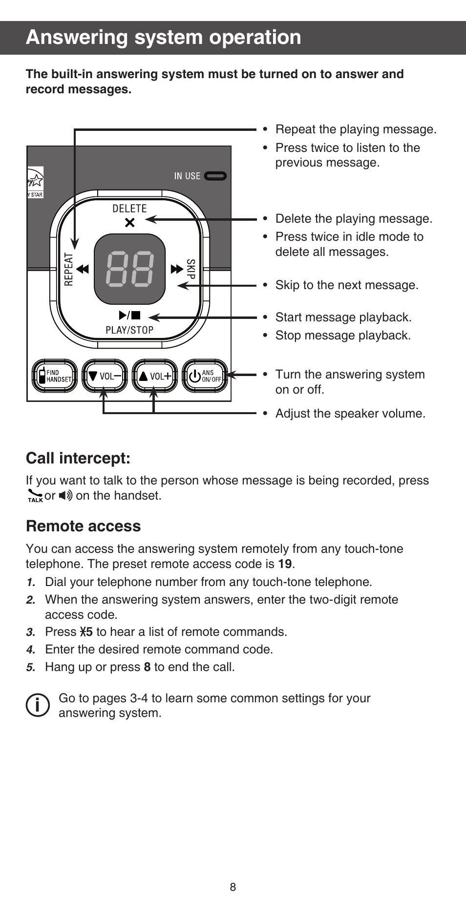 Answering system operation, Call intercept, Remote access | VTech CS6829 Abridged manual User Manual | Page 8 / 12