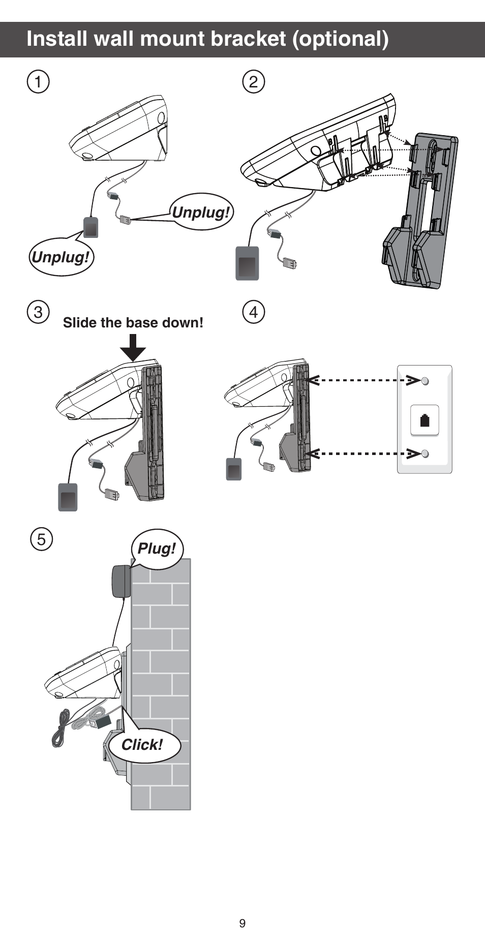 Install wall mount bracket (optional), Unplug, Click! unplug | Plug | VTech CS6829 Abridged manual User Manual | Page 9 / 12