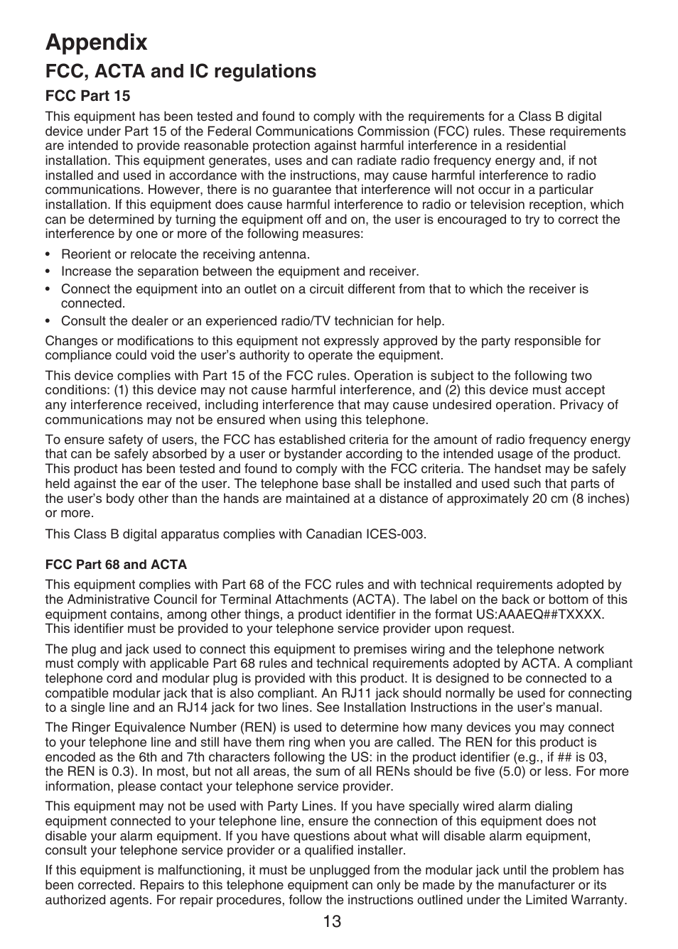 Fcc, acta and ic regulations, Appendix | VTech LS6204 Manual User Manual | Page 16 / 19