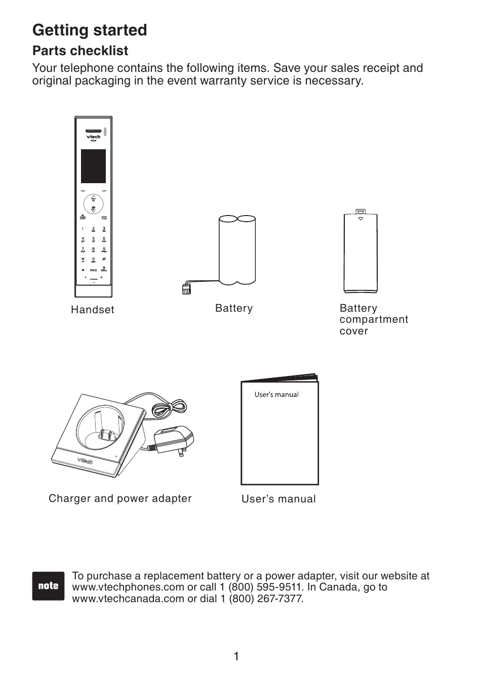 Getting started, Parts checklist, Getting started parts checklist | VTech LS6204 Manual User Manual | Page 4 / 19