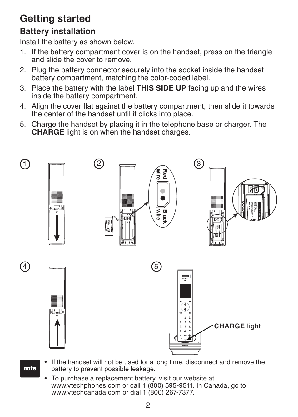 Battery installation, Getting started | VTech LS6204 Manual User Manual | Page 5 / 19