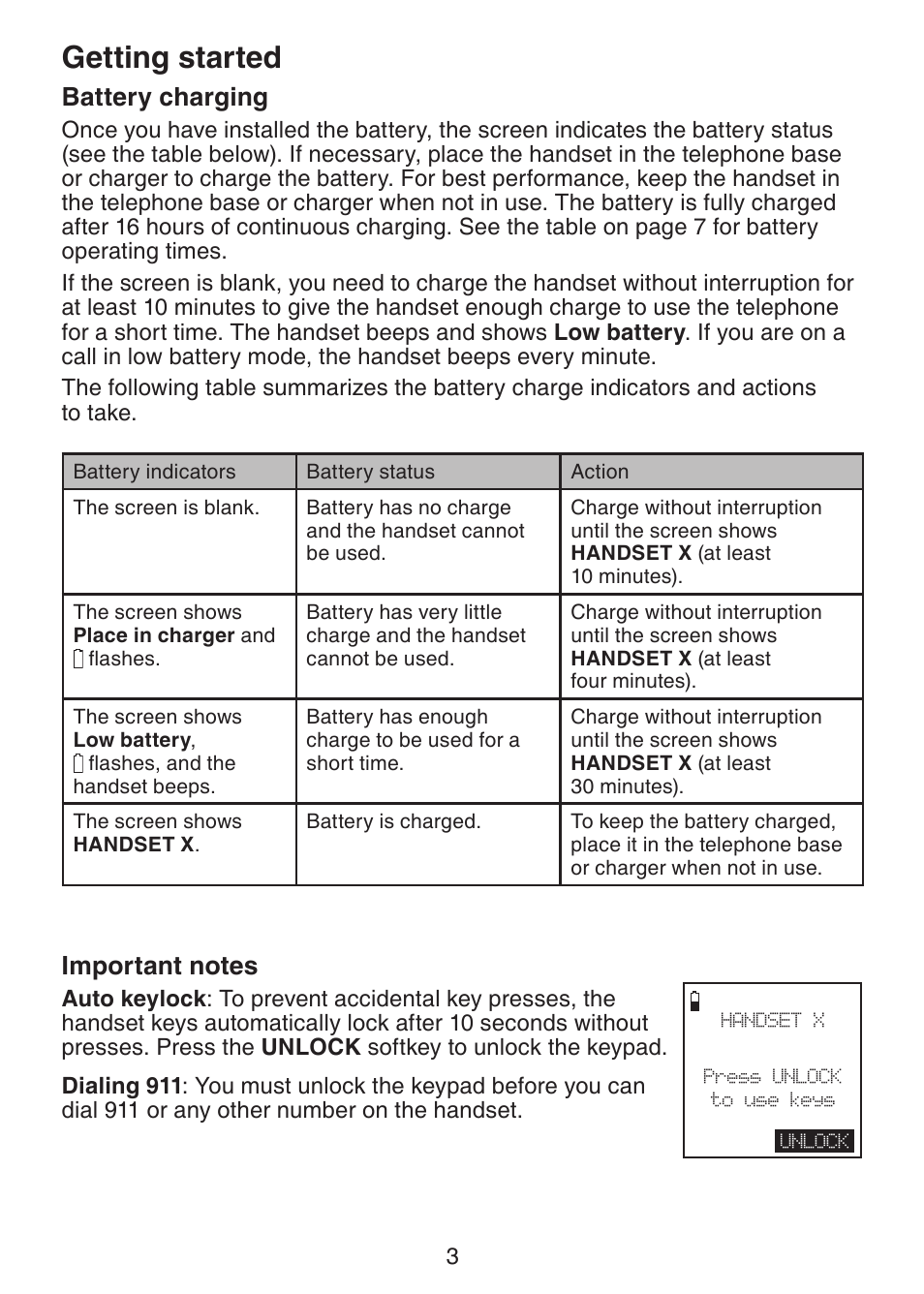 Battery charging, Getting started | VTech LS6204 Manual User Manual | Page 6 / 19