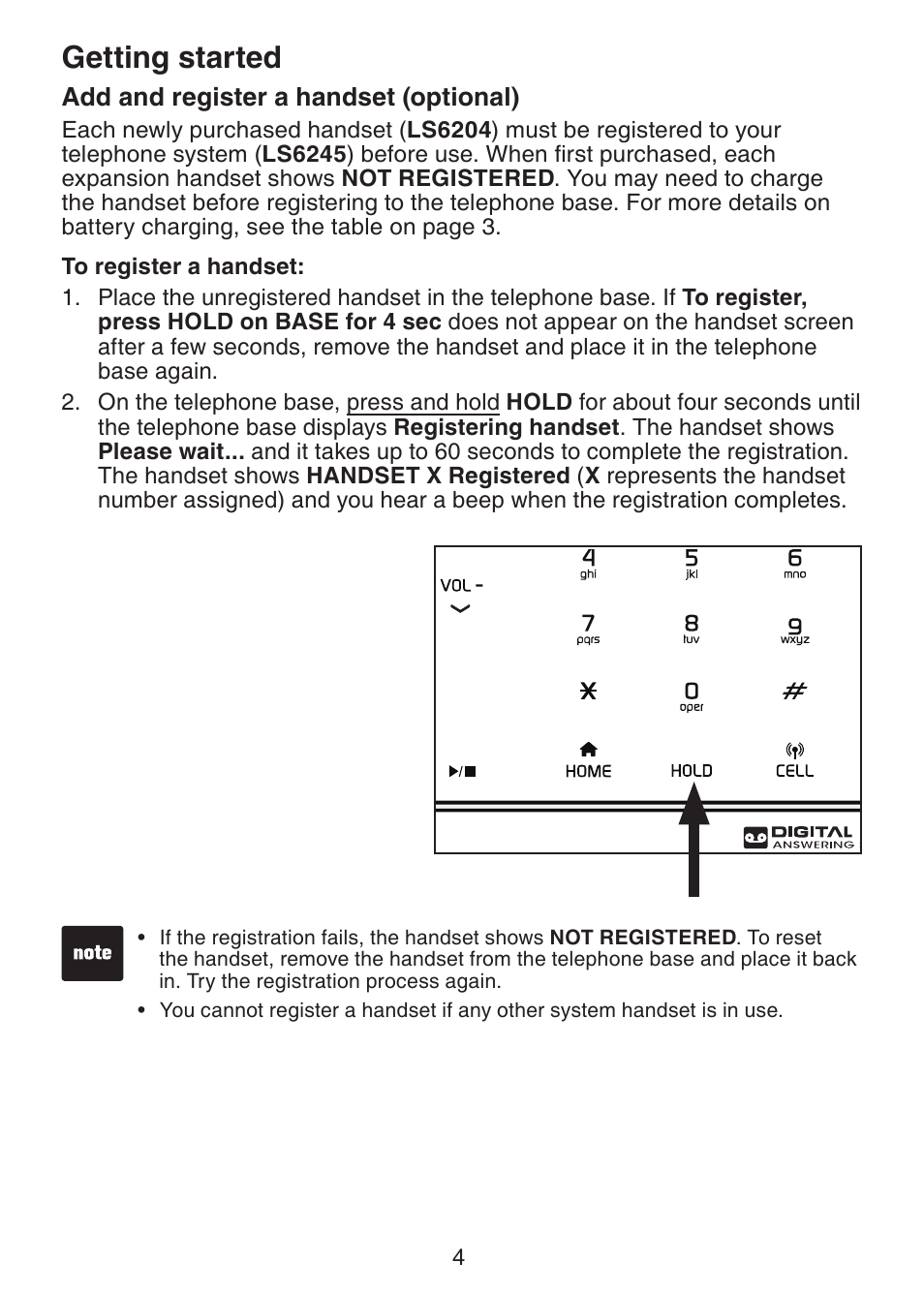 Add and register a handset (optional), Add and register a handset, Getting started | VTech LS6204 Manual User Manual | Page 7 / 19