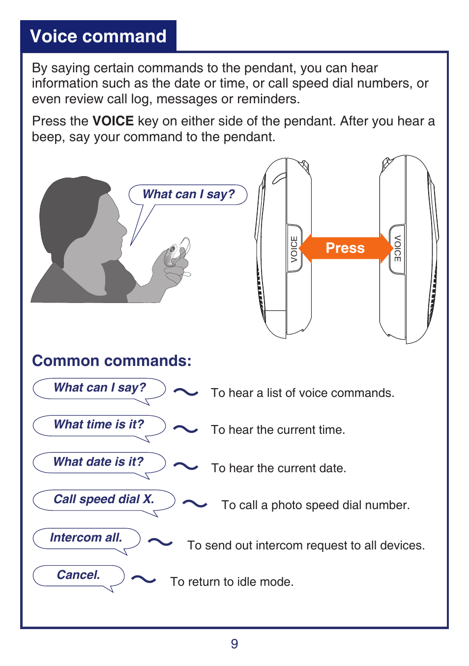 Handset volume control, Ringer volume control, Last number redial | Making and answering a call, Voice command, Common commands, Press | VTech SN6197_-2 Quick start User Manual | Page 11 / 20