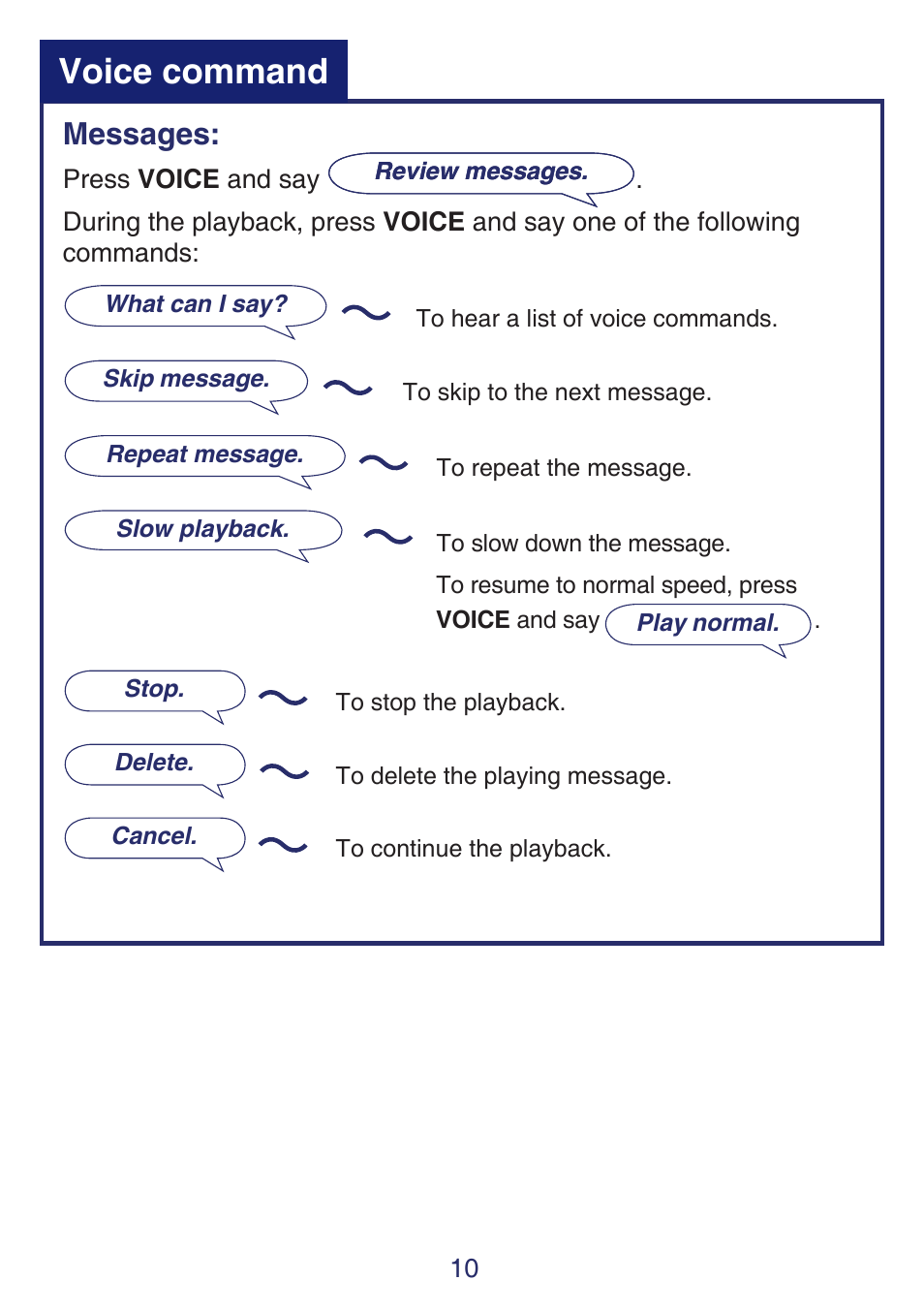 Voice command, Messages | VTech SN6197_-2 Quick start User Manual | Page 12 / 20