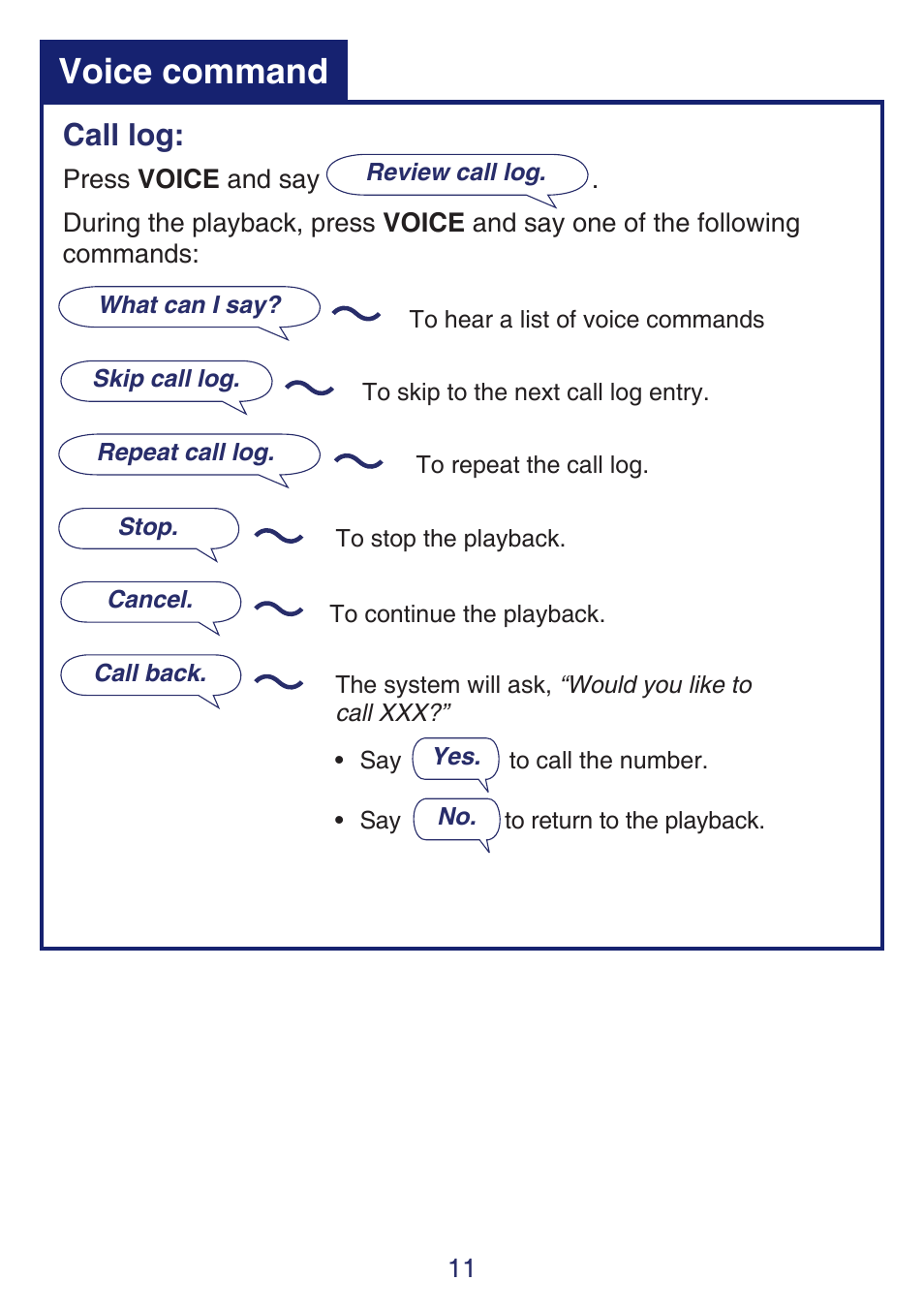 Voice command, Call log | VTech SN6197_-2 Quick start User Manual | Page 13 / 20