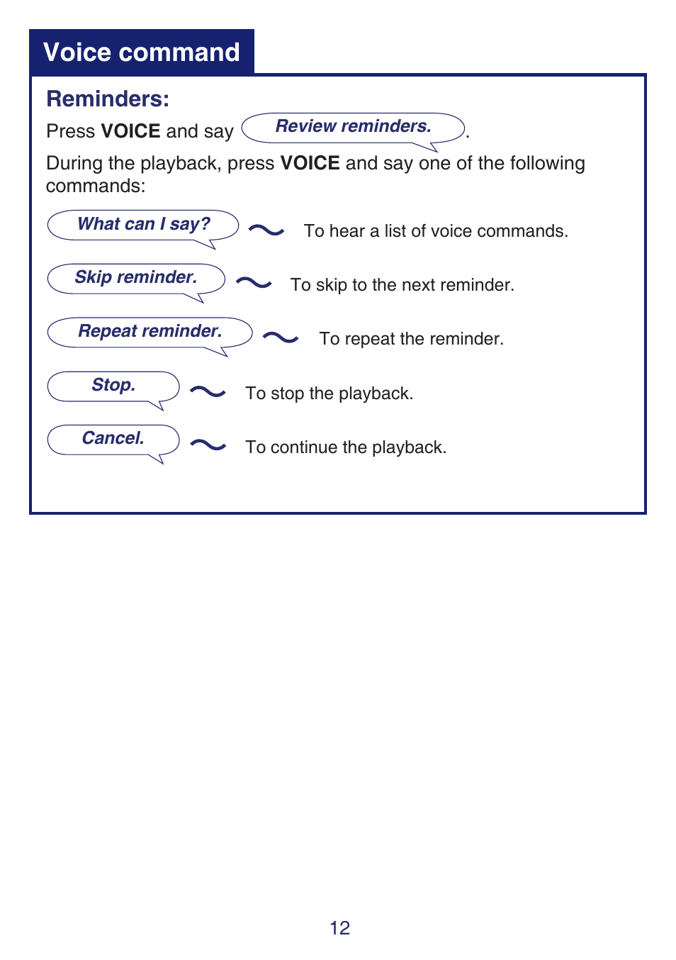 Voice command, Reminders | VTech SN6197_-2 Quick start User Manual | Page 14 / 20