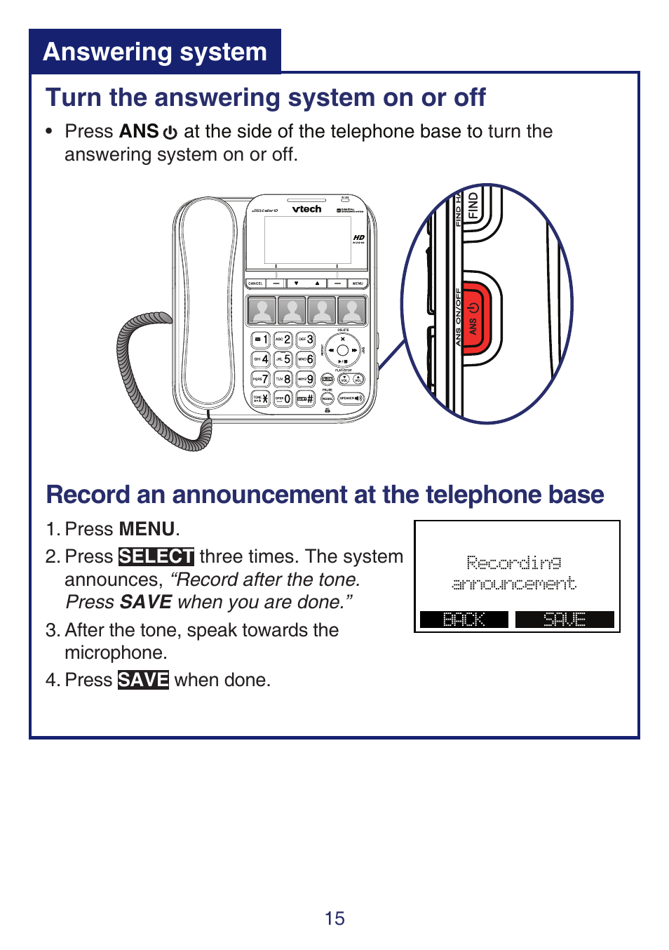 Turn the answering system on or off, Record an announcement at the telephone base, Answering system | VTech SN6197_-2 Quick start User Manual | Page 17 / 20