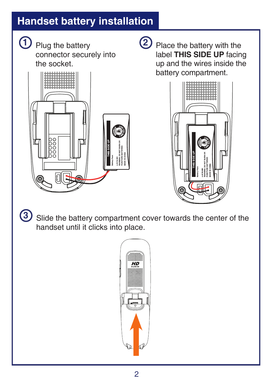 Handset battery installation | VTech SN6197_-2 Quick start User Manual | Page 4 / 20