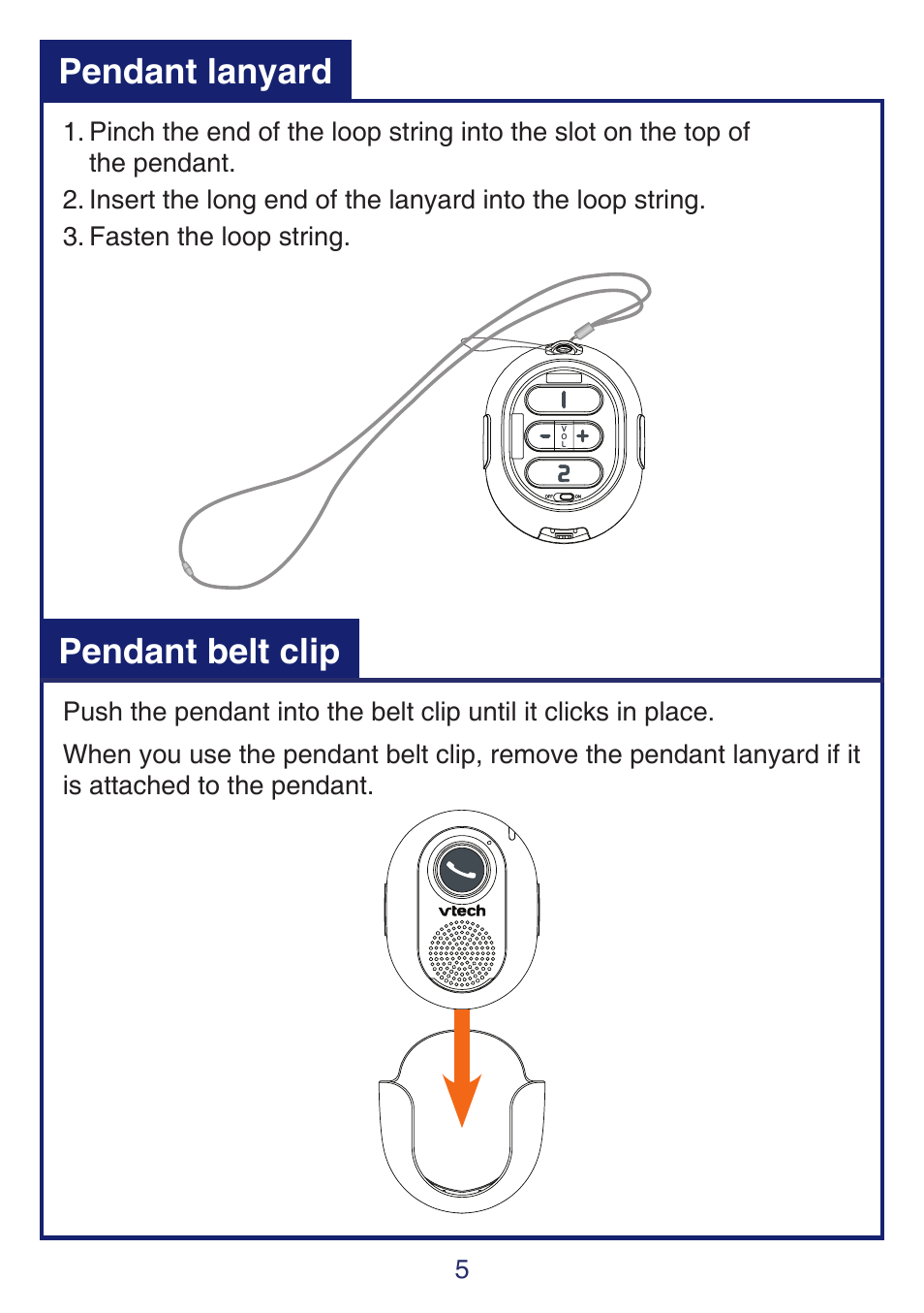 Pendant lanyard pendant belt clip | VTech SN6197_-2 Quick start User Manual | Page 7 / 20