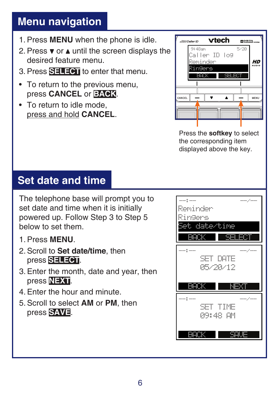 Set date and time, Menu navigation | VTech SN6197_-2 Quick start User Manual | Page 8 / 20